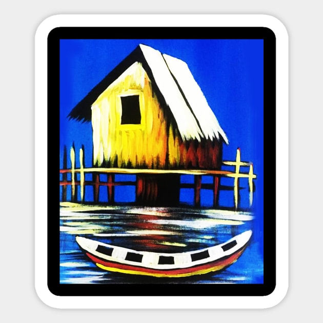 African Artwork, House with Boat, Vacation Sticker by logiamerch